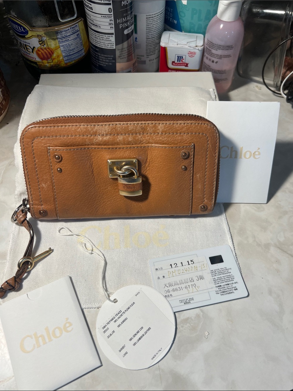 Chloé Tan Leather Zip Wallet with Gold Padlock Accent SUPER CLEAN INSIDE